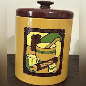 Vintage 1973 Bisquick Metal Recipe Canister Tin Ransburg Retro Kitchen Decor 8"